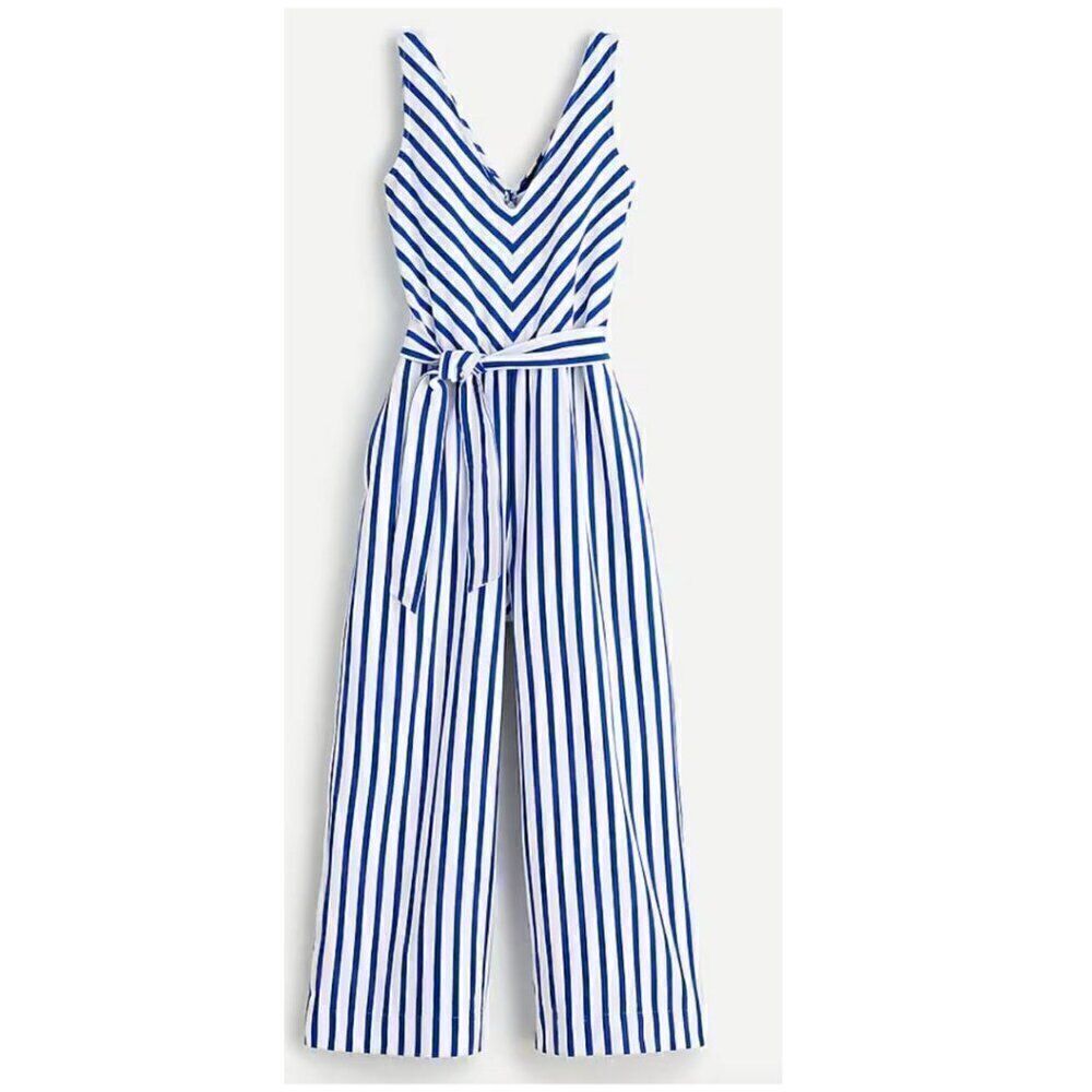J. Crew Blue and White Striped V-Neck Wide-leg Jumpsuit Size 2 NWT